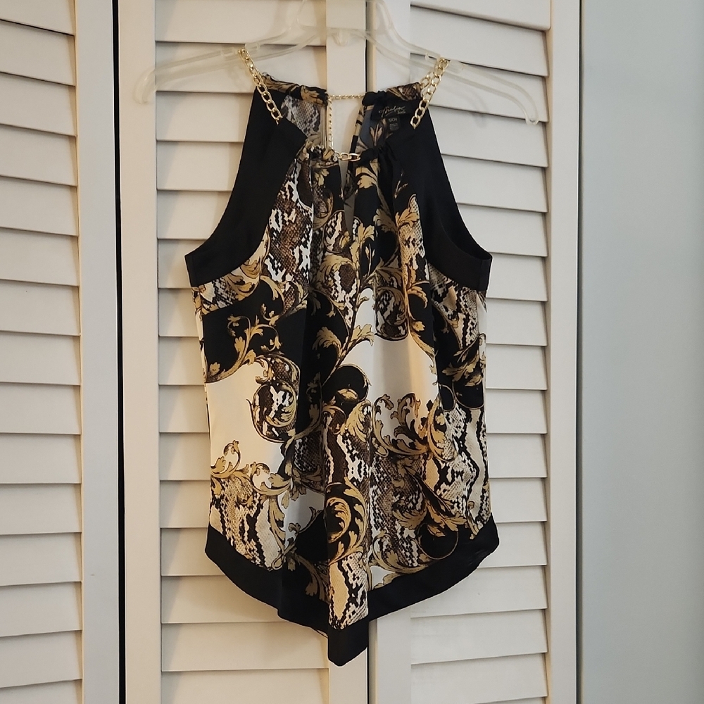 Thalia Sodi Black and Gold Hankerchief Top ~ Size Small
